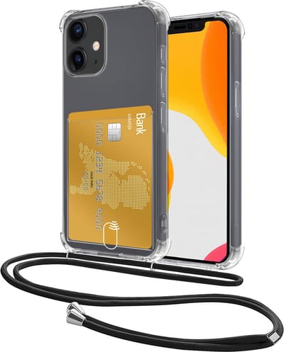 Hoes Geschikt voor Apple iPhone 12 Hoesje Pasjeshouder Cover Met Koord Shock Proof Case Siliconen Hoes Met Telefoonkoord en Kaarthouder - Transparant