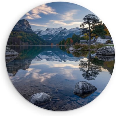 Saammp Muurcirkel Hout - Groot meer tussen de bergen - Rotsen - Bloemen - Landschap - Natuur - Ø 90 - Wandcirkel - Wanddecoratie Cirkel - Muurdecoratie Woonkamer - Slaapkamer decoratie - Rond Schilderij