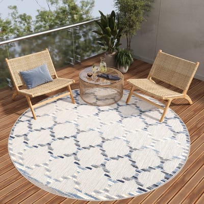 Tapiso Patio Rond Vloerkleed Balkon Terras Tuin Grijs Blauw Trellis Outdoor Tapijt Maat- 100x100