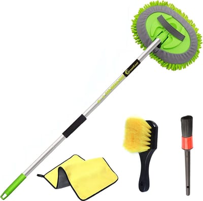 Autowasborstel Set met Lange Steel – 2-in-1 Chenille Microvezel Mop – 62 Inch Uitschuifbare Handgreep – 180° Draaibare Waskop – Autowas Mop voor Auto’s, Trucks, SUV’s & RV – Inclusief 2 Mophoezen – Autoreiniging Set