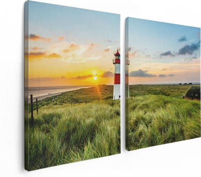 Artaza Canvas Schilderij Tweeluik Vuurtoren met Zonsopgang op een Eiland - 120x80 - Foto Op Canvas - Canvas Print