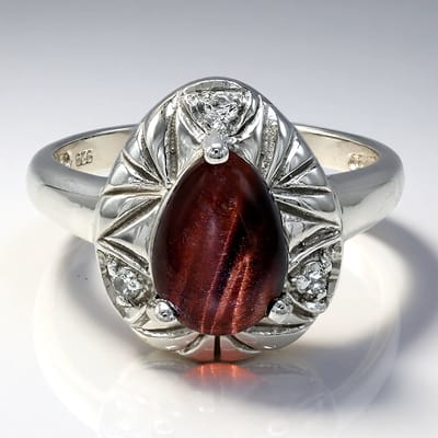 Cavill - Zilveren Damesring - 1,69 ct Rode Tijgeroog Peervormig Cabochon - 0,075 ct Witte Topaas Briljant - Handgemaakte Edelsteen Sieraden
