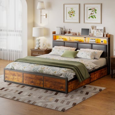 Gestoffeerd bed, 180x200 cm - tweepersoonsbed - met 4 lades - metalen bedframe - LED-verlichting, zwart PU-hoofdeinde, volwassen bed/slaapkamerbed, vintage bruin (verzonden in 3 pakketten)
