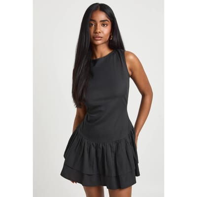 boohoo Dames Linnen Dubbele Laag Smock Jurk | Zwart | Maat: 36