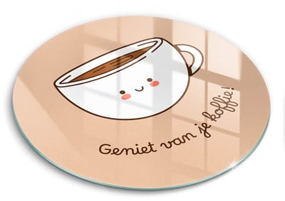 Wallfluent Glazen Snijplanken - Motief: Lekker kopje koffie! Snijplanken Glas - fi40 cm - Bruin Snijplanken van Glas - Keuken Snijplank Glas - Decoratieve Glazen Snijplank - Glazen Snijplank met Antislip