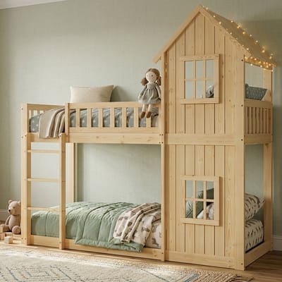 FloraGrace Stapelbed 90x200 cm - Kinderbed In Huisvorm Met Trap En Veiligheidshek - Zonder Matras - Hout - Naturel