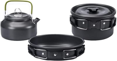 Kampeer Kookset - Outdoor Keukengerei - Kamperen en Reizen - Lichtgewicht Aluminium - 3 Delen - Zwart