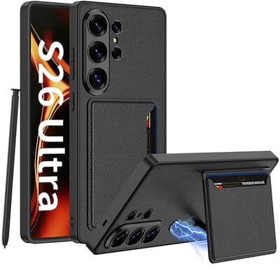Casemania Hoesje Geschikt voor Samsung Galaxy S26 Ultra - Zwart - Kunstleren Back Cover met Pasjeshouder Staandaard