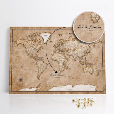 Gepersonaliseerde Wereldkaart - Prikbord Kaart - Reizen Markeren - Handgemaakt Op Maat - 90 x 60 cm - Oude Kaart