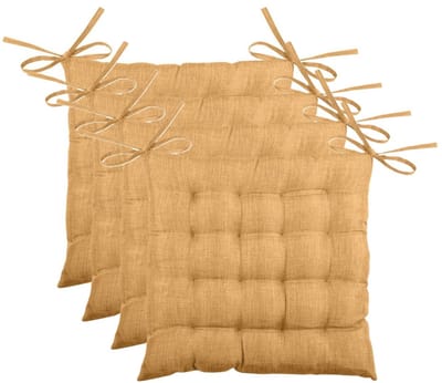Stof Textile stoelkussen BEA - 4x - okergeel - 40 x 40 x 4 cm - touwtjes sluiting - binnen/buiten - zitkussens plat