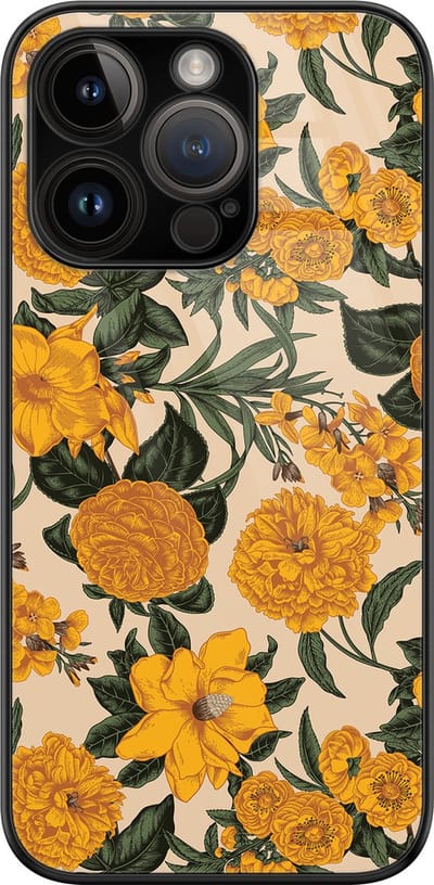 Hoesje geschikt voor iPhone 14 Pro - Retro flowers - Luxe Glazen Hardcase - Hippe print - Geel - Leuke Telefoonhoesjes