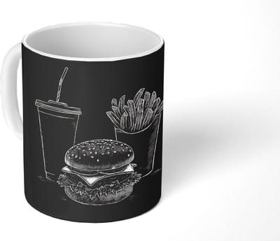 Mok - Koffiemok - Hamburger - Friet - Frisdrank - Krijttekening - Mokken - 350 ML - Beker - Koffiemokken - Theemok