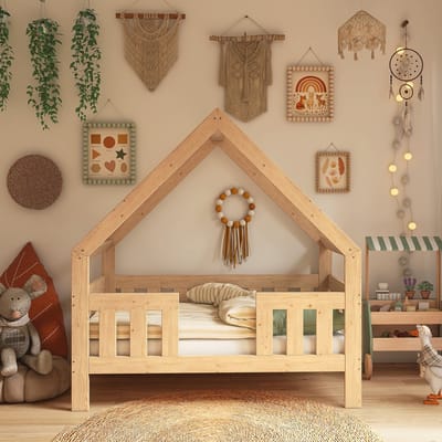 Need Sleep – Houten Montessori Huisbed 70x140 cm – Peuterbed met Dak en Valbeveiliging – Naturel Massief Hout