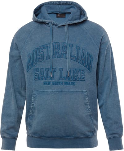 JP 1880 - Heren - Hoodie badges vintage look capuchon kangoeroezak - Oceaanblauw - Maat 3XL