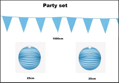 Party set licht blauw - 1x Vlaggenlijn licht blauw 1000cm + 2x Lampion licht blauw 25cm -party festival thema feest