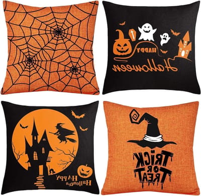 Decoratieve Halloween Kussenhoezen 45 x 45 cm Set van 4 met Pompoen, Spoken en Vleermuizen Patroon voor Sofa en Slaapkamer Versiering
