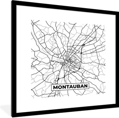 Fotolijst incl. Poster Zwart Wit- Frankrijk - Kaart - Montauban - Plattegrond - Stadskaart - Zwart wit - 40x40 cm - Posterlijst