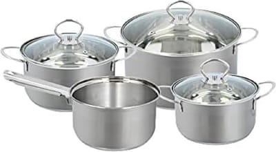 Potten-pannen Set 4 pannen 3 deksels zilvergrijs Magnetron.