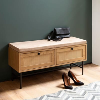 Schoenenbank met opbergruimte - Gangbank - Kapstokbank - Eiken decor - Beige stoffen zitting - Modern design - Compact en multifunctioneel