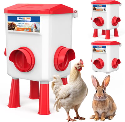 UniEgg® XL Feeder - 12 KG (Rood) - automatisch en innovatief 3 feeders, inclusief ophangset en poten - voerbak kip en ander pluimvee of gevogelte