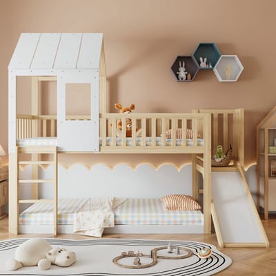 VVBV Huisbed Stapelbed 90x200 cm met Trap/Ladder, Uitvalbeveiliging - Glijbaan, Huisdesign - Massief Hout Wit/Naturel