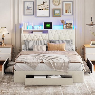Tweepersoonsbed 160x200 cm met Opbergruimte, Lattenbodem en Verlicht Hoofdeinde (Beige Fluweel)