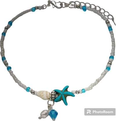 Enkelbandje-zeester-schelpje-parel-blauw-strand-zomer-anklet-Bohemia-boho-beaded