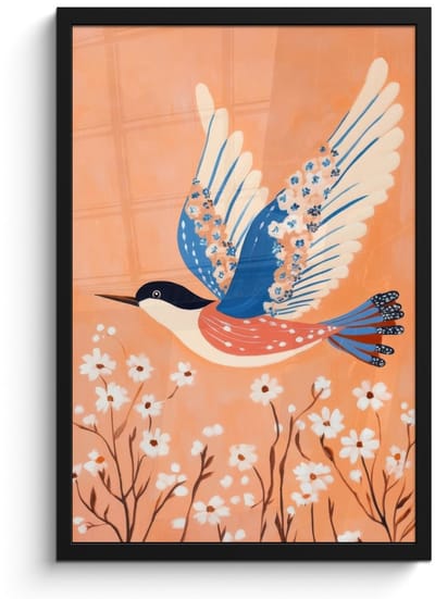 Poster in lijst - Fotolijst 40x60 cm - Posters - Vogel - Bloesemtakken - Warm - Kleurrijk - Posterlijst zwart - Decoratie - Wanddecoratie woonkamer - Muurdecoratie slaapkamer