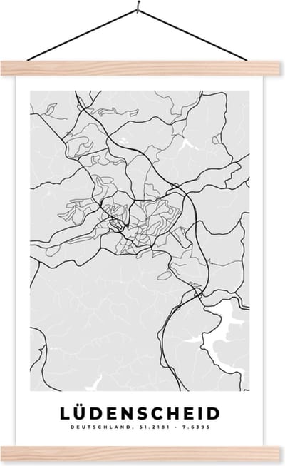Posterhanger incl. Poster 40x60 cm - Schoolplaat - Plattegrond - Kaart - Duitsland - Lüdenscheid - Stadskaart - Textielposter - Blanke latten - Stadskaart