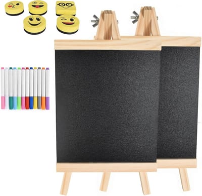 Set van 2 Kleine Krijtborden met Vouwbare Houten Stand, 17.5 x 16 cm, Inclusief 12 Fluorescente Krijtpen en 5 Magnetische Sponsen voor Evenementen en Decoratie