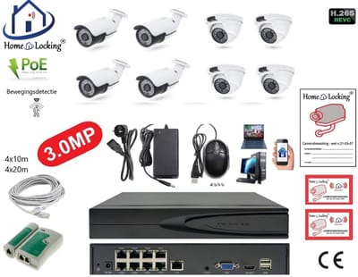 Home-Locking complete set PoE camera beveiligingssysteem met bewegingsdetectie camera's en NVR 8ch 8MP H265 met 8 camera's 3.0MP CS-8-1477