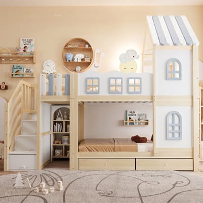 VVBV Huisbed Stapelbed 90x200 cm - Opbergruimte, Lades, Planken, Opbergtrap, Huisdesign, Voor Kinderen/Tieners - Hout Wit
