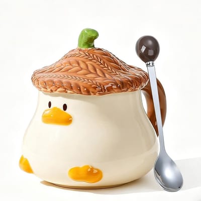 Schattige 3D Eend Koffiemok 400 ml Keramisch met Deksel en Lepel, Ideaal voor Thee, Koffie en Chocolademelk, Perfect voor Verjaardag en Moederdag
