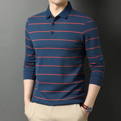 Nieuw Polo Shirt voor Mannen van Middelbare Leeftijd Losse Herfstkleding LED Herenshirt Heren Gestreept Katoen Lange Mouw T-shirt XXXL