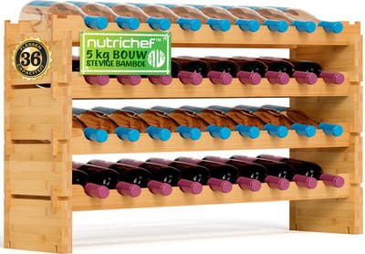 NutriChef, Wijnrek,Bamboe Stapelbaar Flessenrek- 4-Lagen- 36 Flessen Capaciteit Vrijstaand Wijnrek voor Vloer