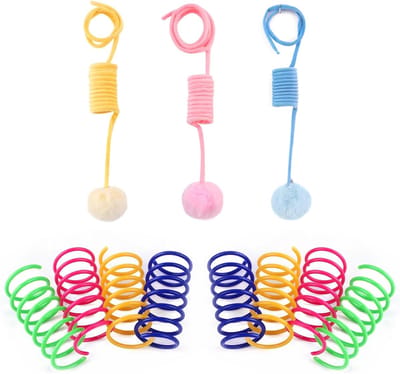 Speelset voor Katten, 3 Stuks Kattenspeelgoed Zelf Hangend Deurframe voor Binnen met Zuignap, 8 Stuks Kleurrijke Plastic Spiraal Veren Kattenspeelgoed