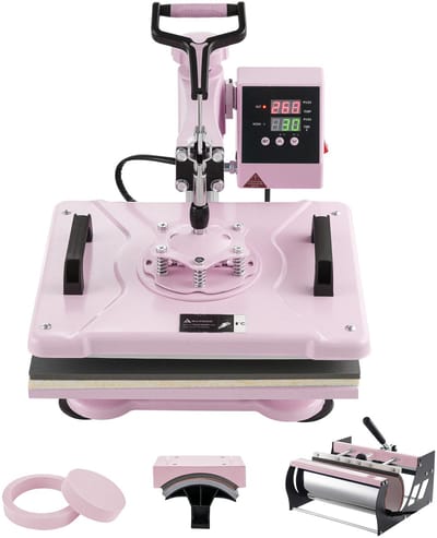 Sublimatie Transferpers Heat Press - 5-in-1 T-shirtpers - Plaat 38 x 30 cm - Zwenkarm 360° - Digitale Temperatuur & Timer - Met 30 oz Tumblerpers - Roze