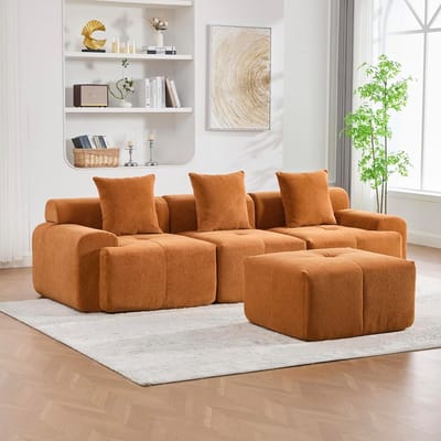Modulaire 3-zits Bank 298x103x70 cm - Corduroy Sofa Zonder Montage - Luxe Cloud Zitbank met Diepe Zitting - Moderne Slaapbank Woonkamer oranje- Vermissen