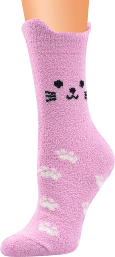 Fluffy dames sokken - huissokken - roze - paars - leuke print kat - 36 - 40 - cadeau voor haar - geschenk vrouwen - gift