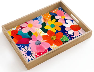 Dienblad hout 40x30 cm - Schootdienblad - Bloemen - Kleurrijk - Stippen - Borrelplank rechthoek - Plateau dienbladen