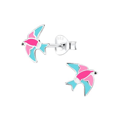Oorbellen meisje vogel - zwaluw - zilver - roze - turquoise