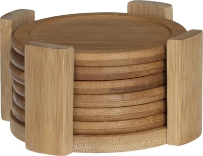 Secret de Gourmet glazen Onderzetters - 18x stuks - bamboe hout - rond - D10 cm - glazenonderzetter - in houder