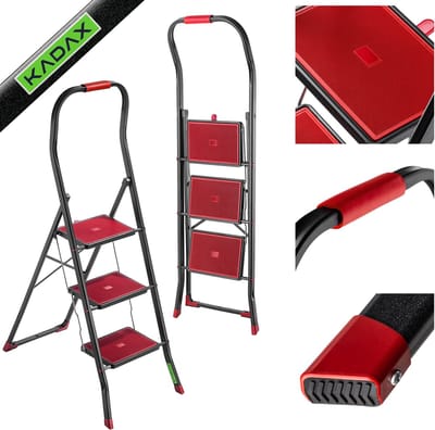 KADAX Inklapbare stalen ladder, zwart-rode trapladder met draagvermogen tot 150 kg, ladder met klapbeveiliging, trapleuning met antislip treden (3 treden)
