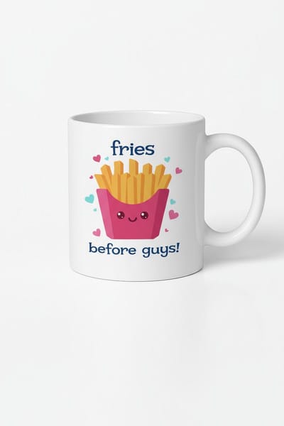 Mok "Fries before guys!" - Grappige statement mok met schattige frietjes en hartjes - Cadeau voor haar