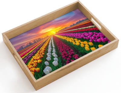 Dienblad hout 40x30 cm - Schootdienblad - Tulpenveld - Zonsondergang - Kleurrijk - Borrelplank rechthoek - Plateau dienbladen