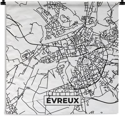 Wandkleed - Wanddoek - Stadskaart - Frankrijk - Évreux - Kaart - Plattegrond - Zwart wit - 180x180 cm - Wandtapijt