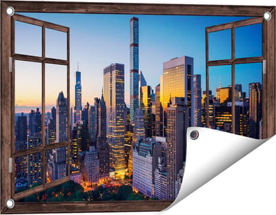 Gards Tuinposter Doorkijk New York bij Zonsopgang - 60x40 cm - Tuindoek - Tuindecoratie - Wanddecoratie buiten - Tuinschilderij