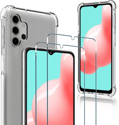 Shockproof Hoesje Geschikt voor: Samsung Galaxy A32 5G - Anti-shock TPU Siliconen Case & 2X Tempered Glas Combi - Transparant