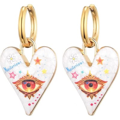 Nouvelles Boucles d'Oreilles Créoles Tendance Mignonnes Œil de Cœur en Acier Inoxydable Pour Femmes Colorées Vintage Émail Doré Pendentif Amour Bijoux Féminins beige