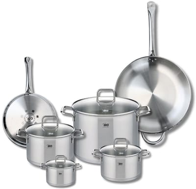 Set van 2 Koekenpannen 24 en 32 cm en 4 kookpotten 12, 16, 20 en 26 cm Elo Profi Citrin